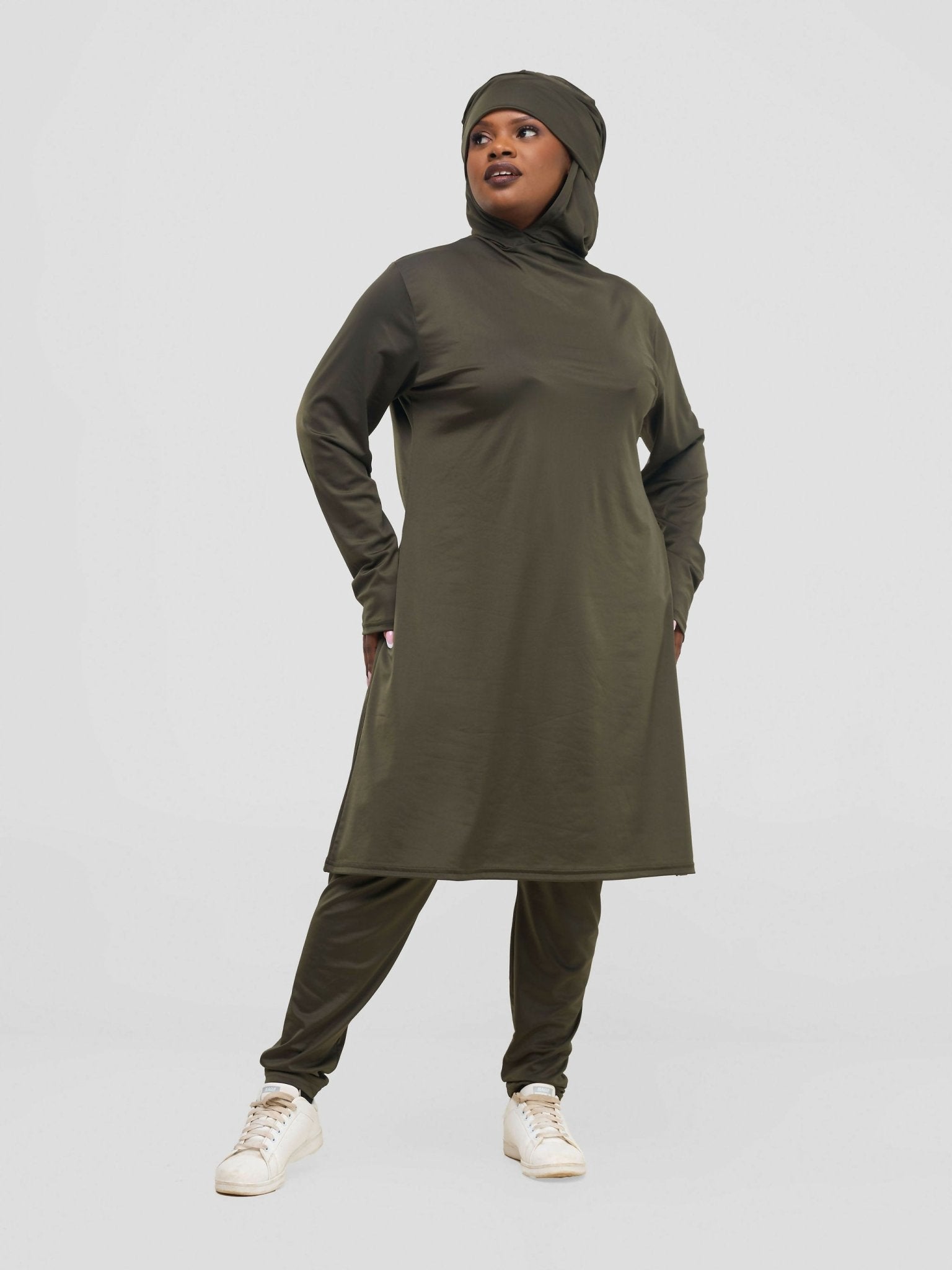 Modest Workout Hooded Tunic Top & Legging Set - Olive Green